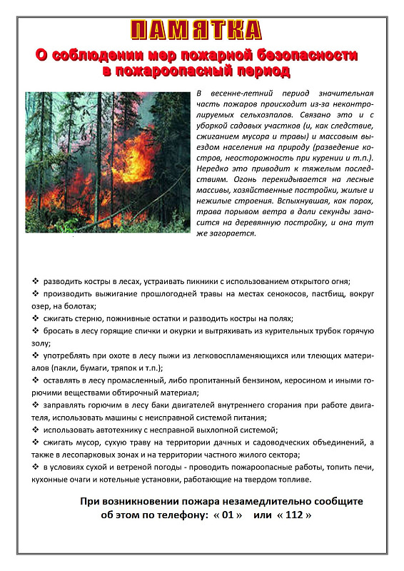 Памятка по мерам пожарной безопасности в пожароопасный период